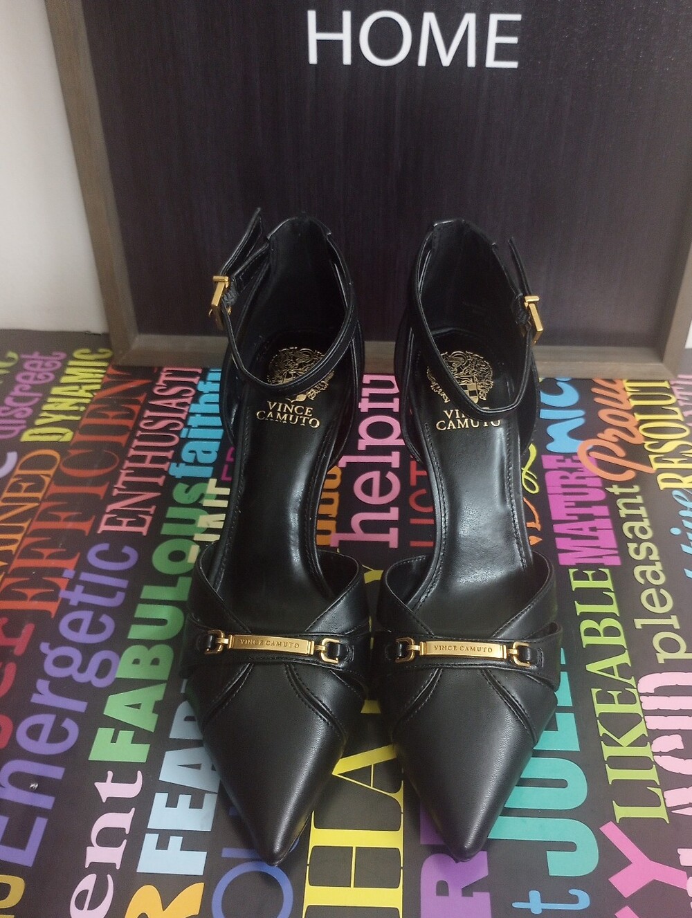 Vicious Vince Camuto Black Pointed Toe Ankle-Strap Pumps with Gold Logo Accent!.